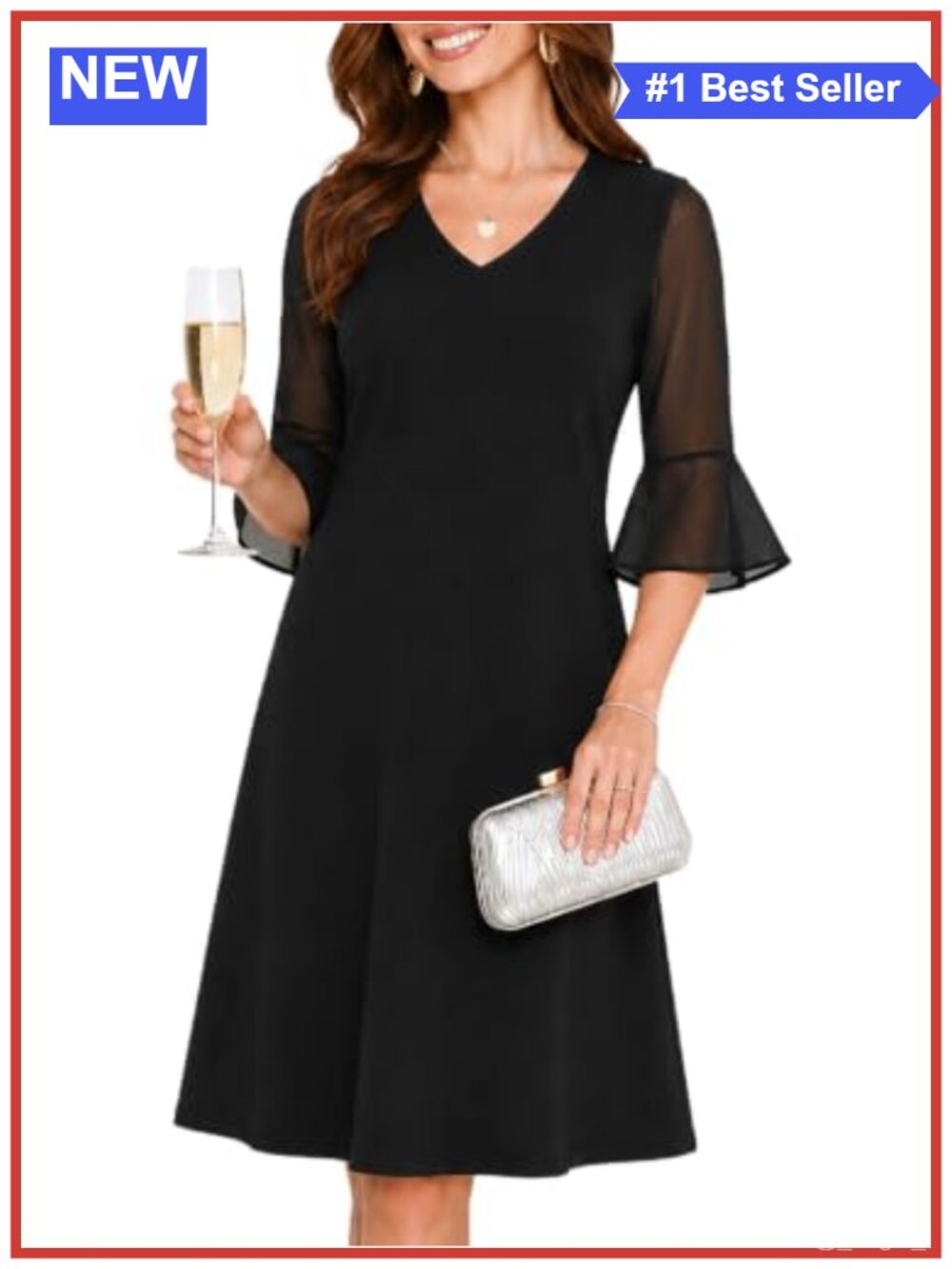 Women's Chiffon A-Line Cocktail Dress V-Neck Half Sleeve Knee-Length